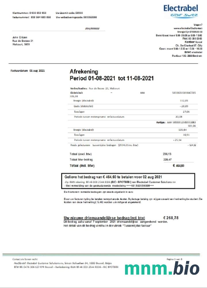 Belgia Electrabel elektryczność rachunek za media szablon, w pełni edytowalny w formacie Word i PDF